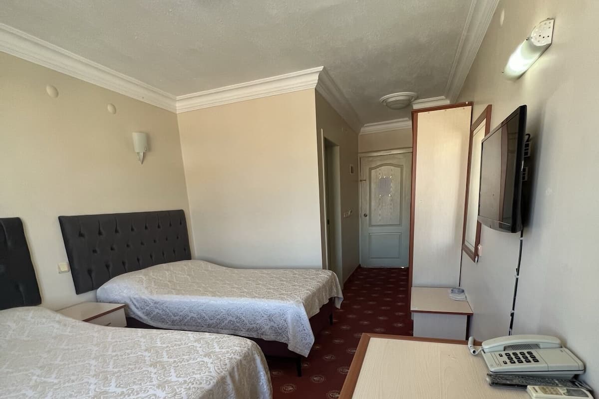 A hotel room with two beds, a desk, a telephone, and a television.