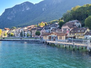 A waterfront town with buildings along the river, a bridge, and mountains in the background. - Dorenavant by Interhome (Le Bouveret)