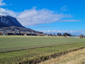 A rural landscape with a mountain in the background, a field in the foreground, and a small settlement with houses and buildings. - Dorenavant by Interhome (Le Bouveret)