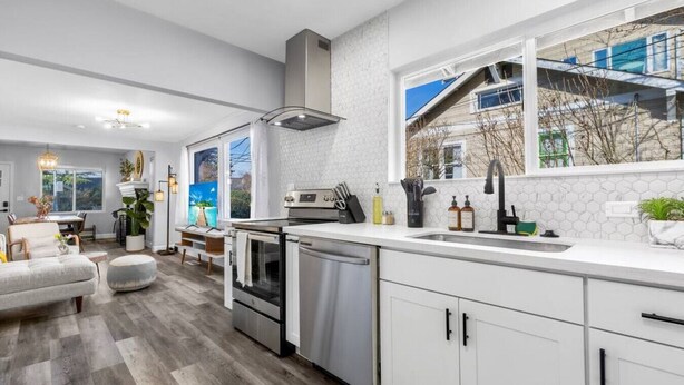 A modern kitchen with white cabinets, stainless steel appliances, and a large window with a view of a house.