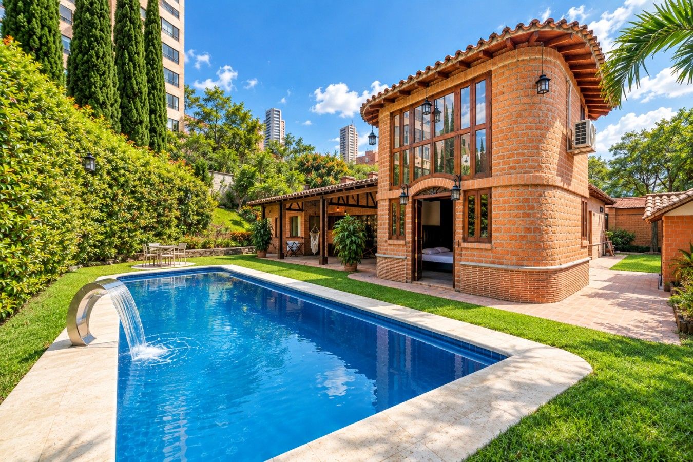 A residential property with a swimming pool, a covered patio, and a brick house with large windows.