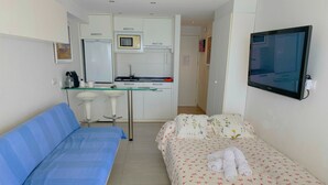 Une chambre d’hôtel compacte comprenant un lit, un canapé, une petite kitchenette et un téléviseur.
