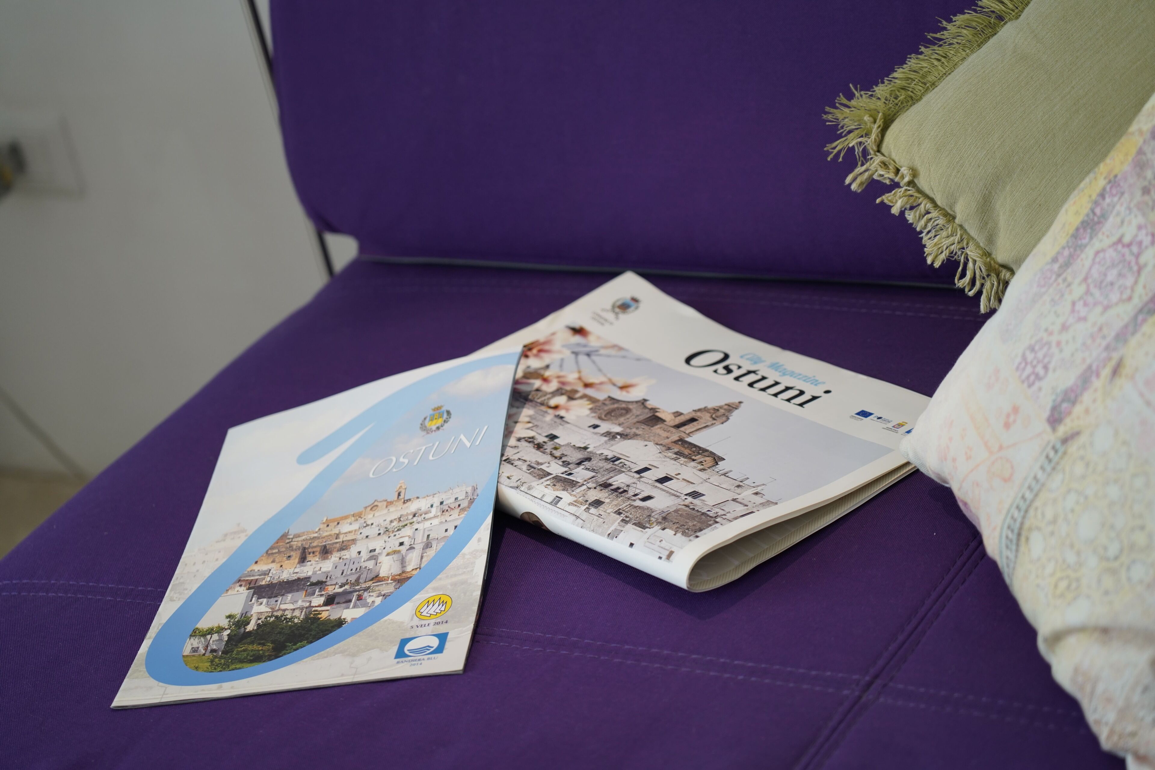 A purple sofa with a brochure and a cushion.