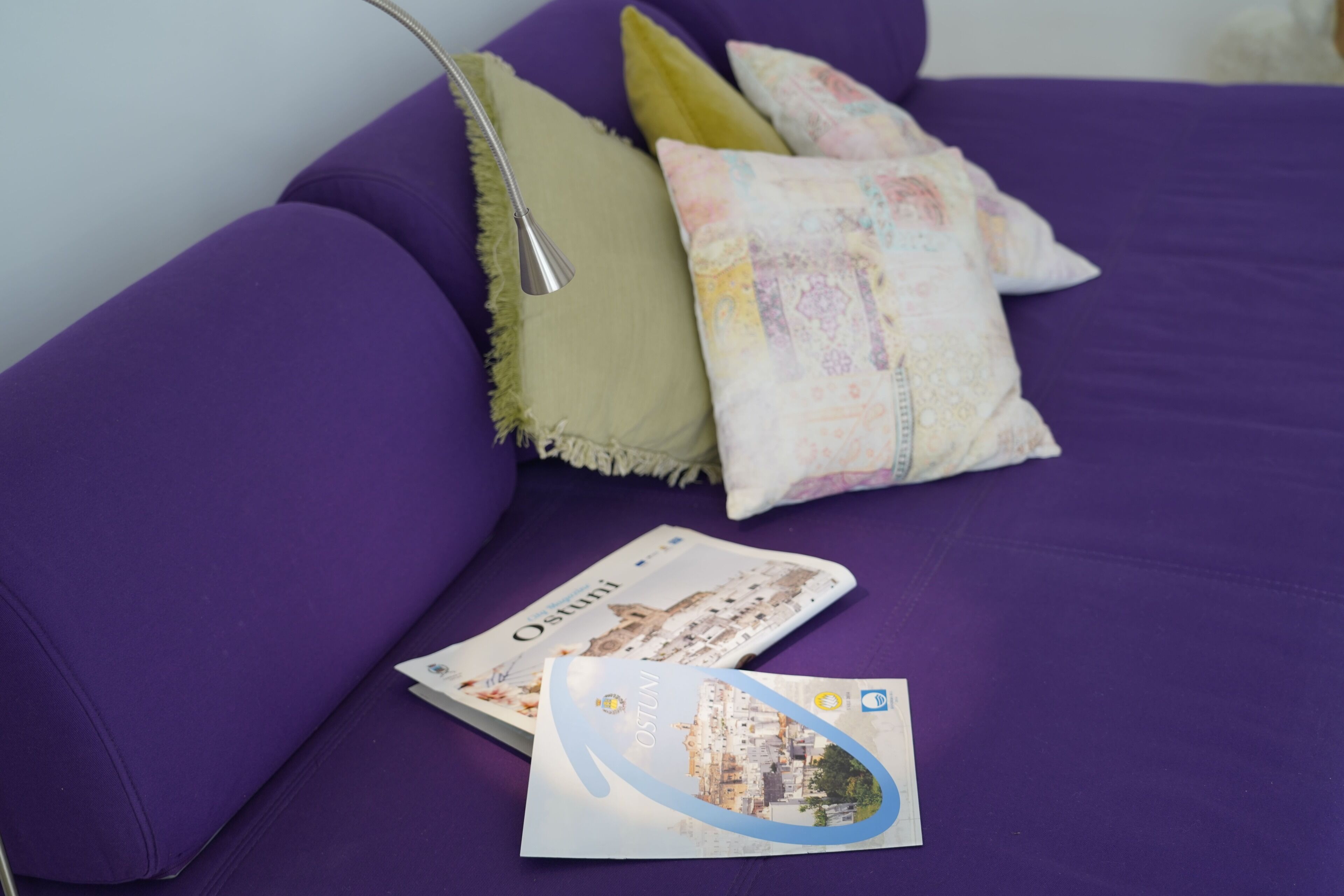 A purple sofa with a green pillow and a decorative pillow with a floral pattern. A brochure with a cityscape image is placed on the sofa.