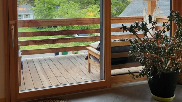 A room with a large sliding glass door leading to an outdoor deck, a potted plant, and a woven rug.