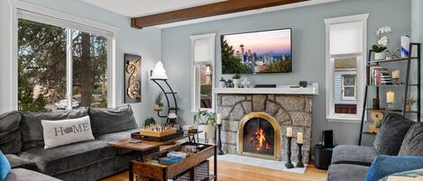 Smart TV, chimenea, videojuegos, libros