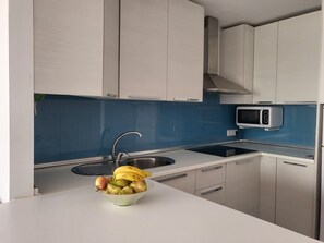 Frigorífico, microondas, horno y placa de cocina