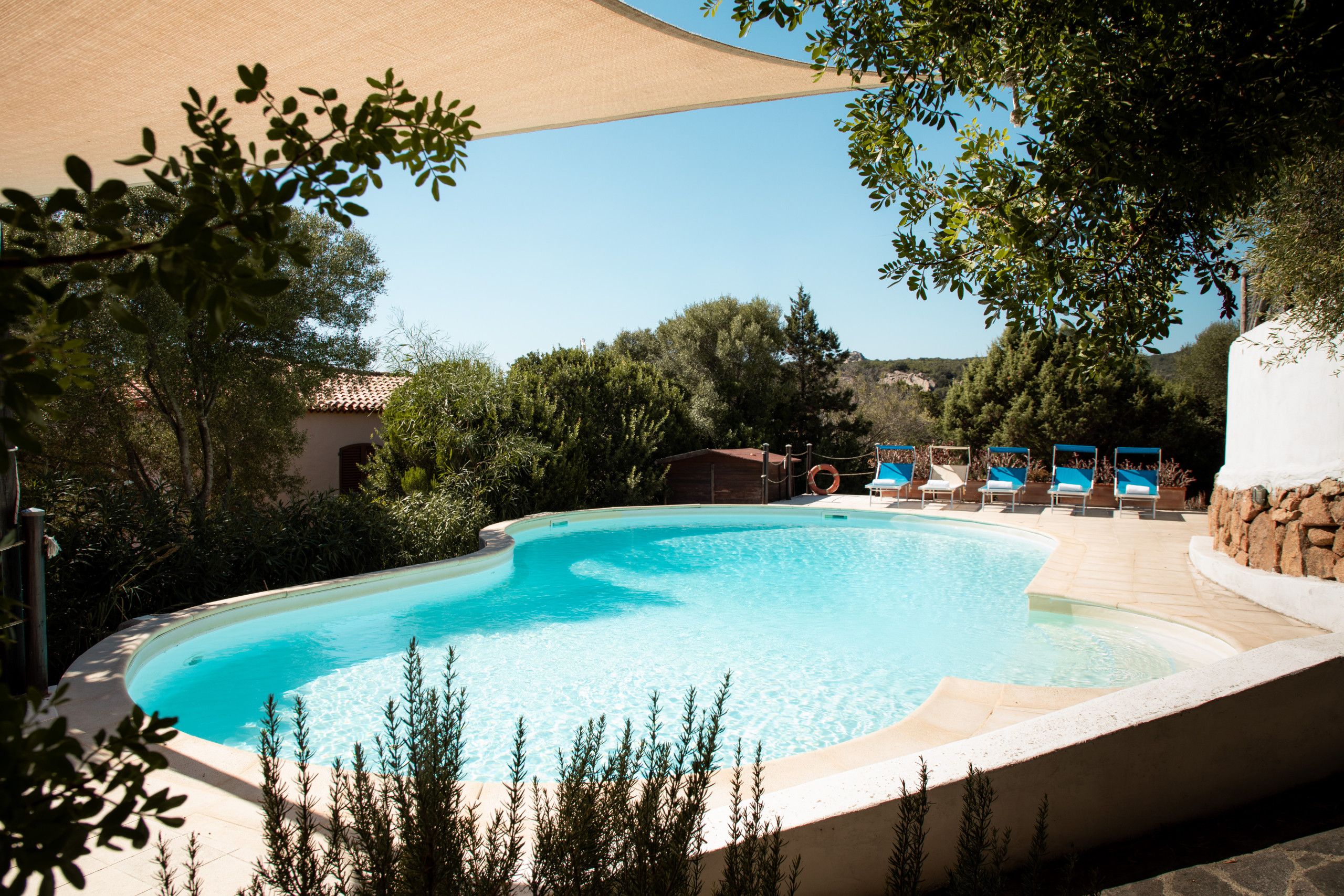 A swimming pool with a clear blue water, surrounded by trees and a white building.