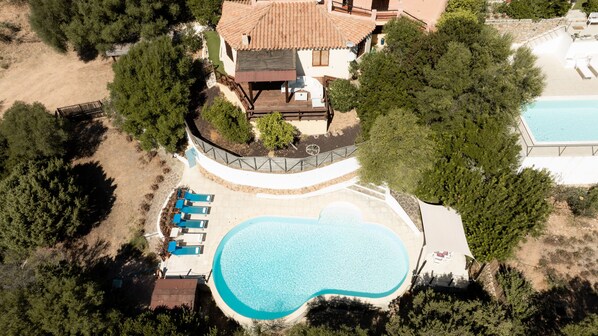 Eine Vogelperspektive eines Anwesens mit Swimmingpool, Liegestühlen und einer überdachten Terrasse.