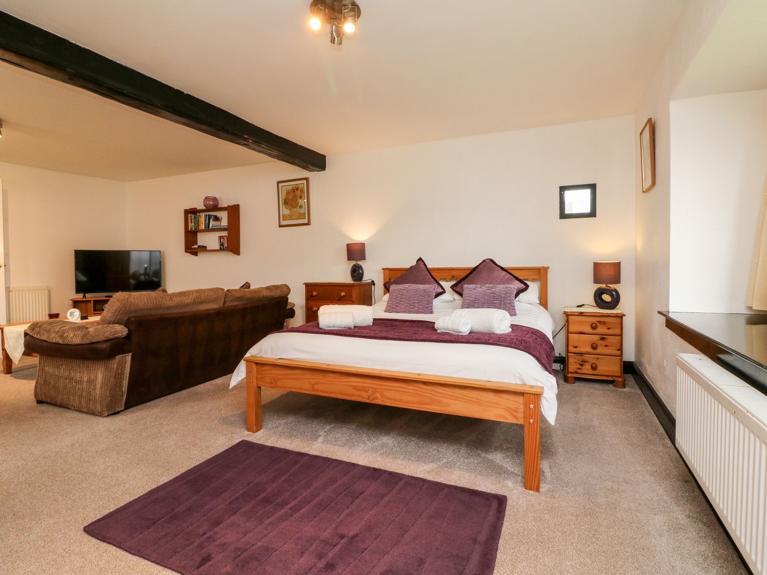 A bedroom with a bed, a sofa, a TV, and a bedside table.