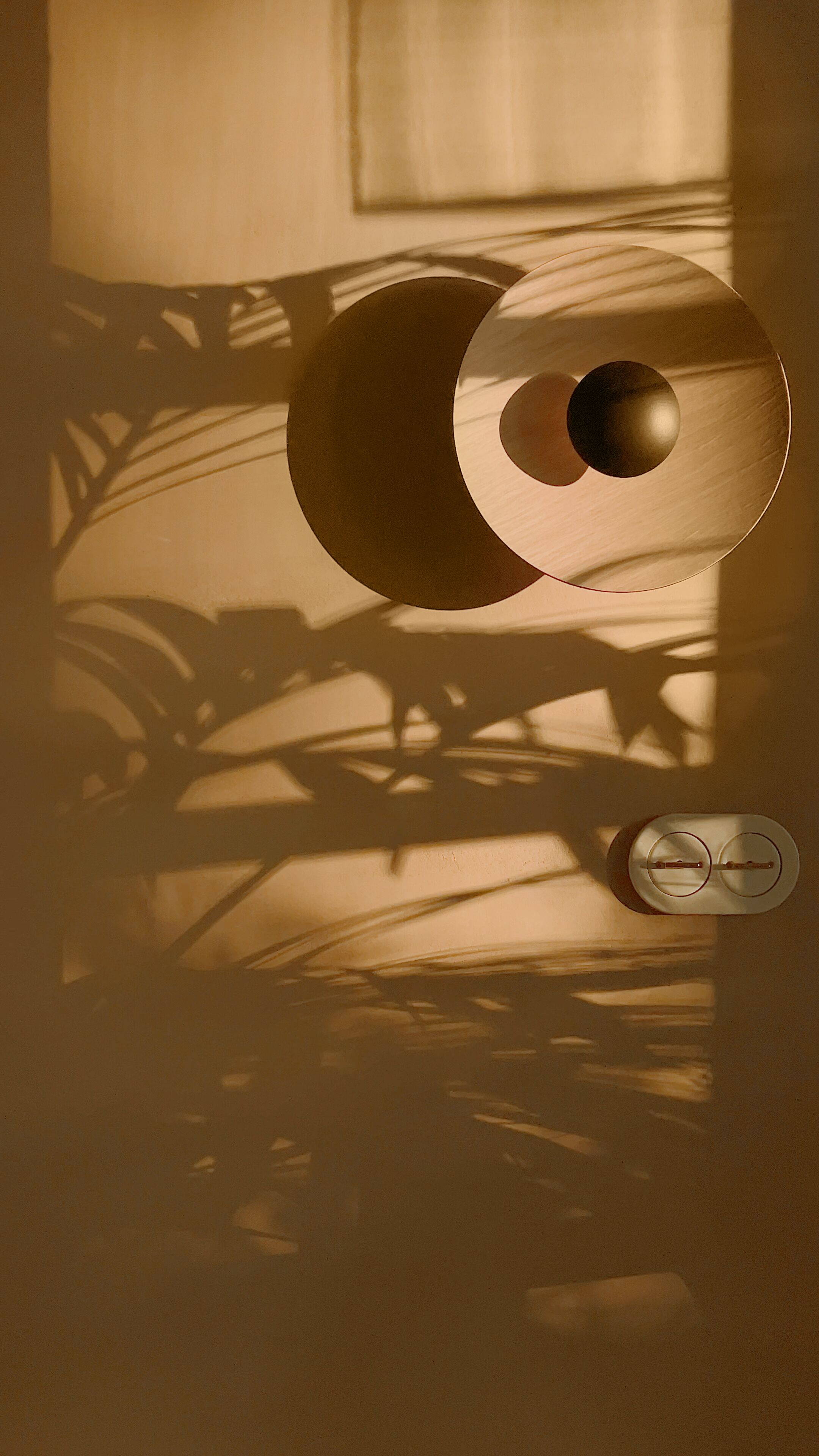 Een kamer met een houten vloerlamp die schaduwen werpt van een plant en een lichtschakelaar aan de muur.