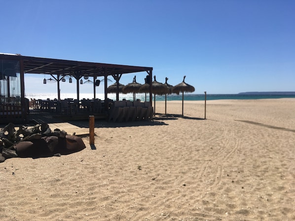 A beachside restaurant with outdoor seating and thatched umbrellas.