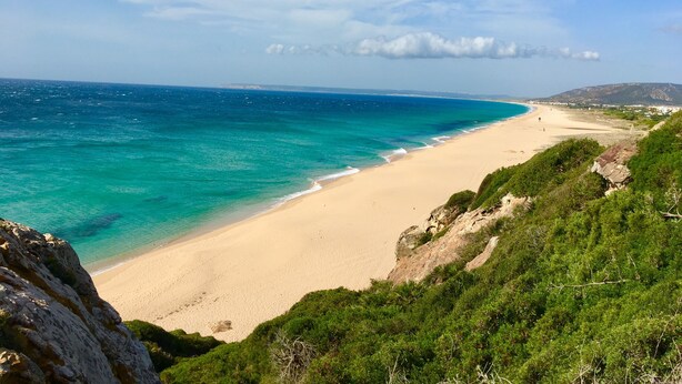 A coastal landscape with a sandy beach, clear turquoise waters, and green vegetation. - Endless Summer Beach House, Atlanterra (AN)