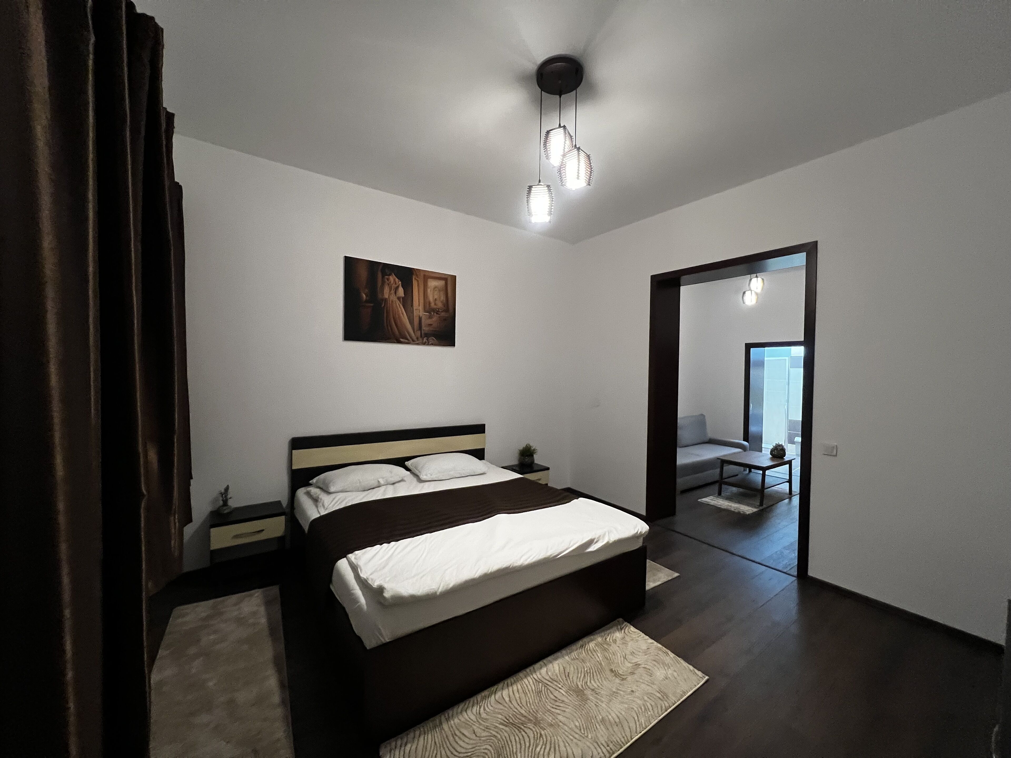 Une chambre à coucher moderne avec un grand lit, un tableau au mur et un luminaire au plafond.