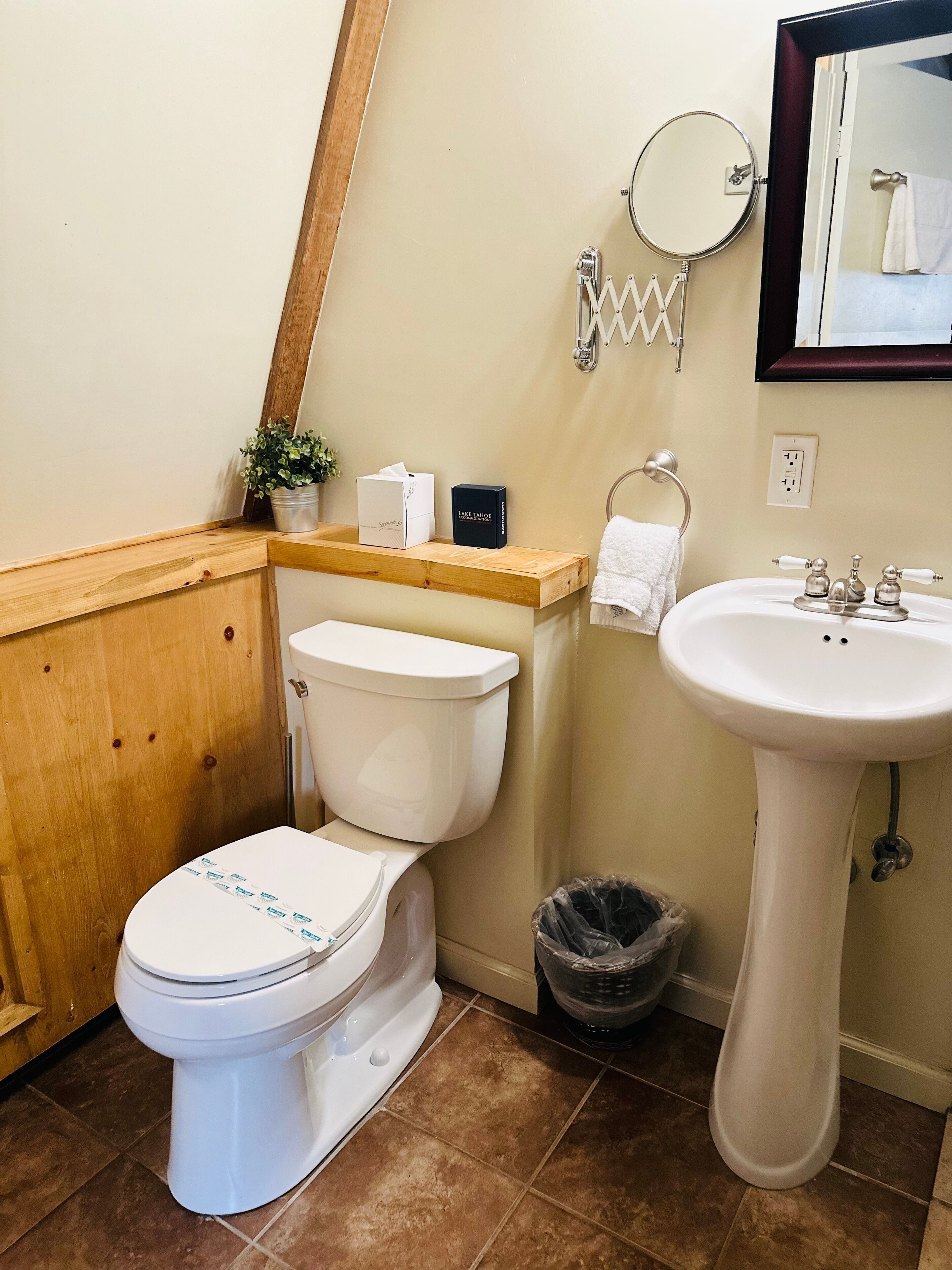Un baño con inodoro, lavamanos, espejo y una planta pequeña en maceta.