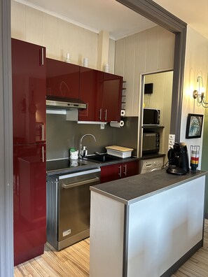 Fridge, microwave, oven, stovetop - Appartement Dartiste Avec Sauna (Mont-Dore)
