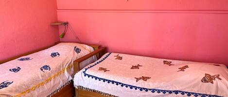 Two single beds with patterned bedding, a bookshelf with books, and a framed picture on the wall.