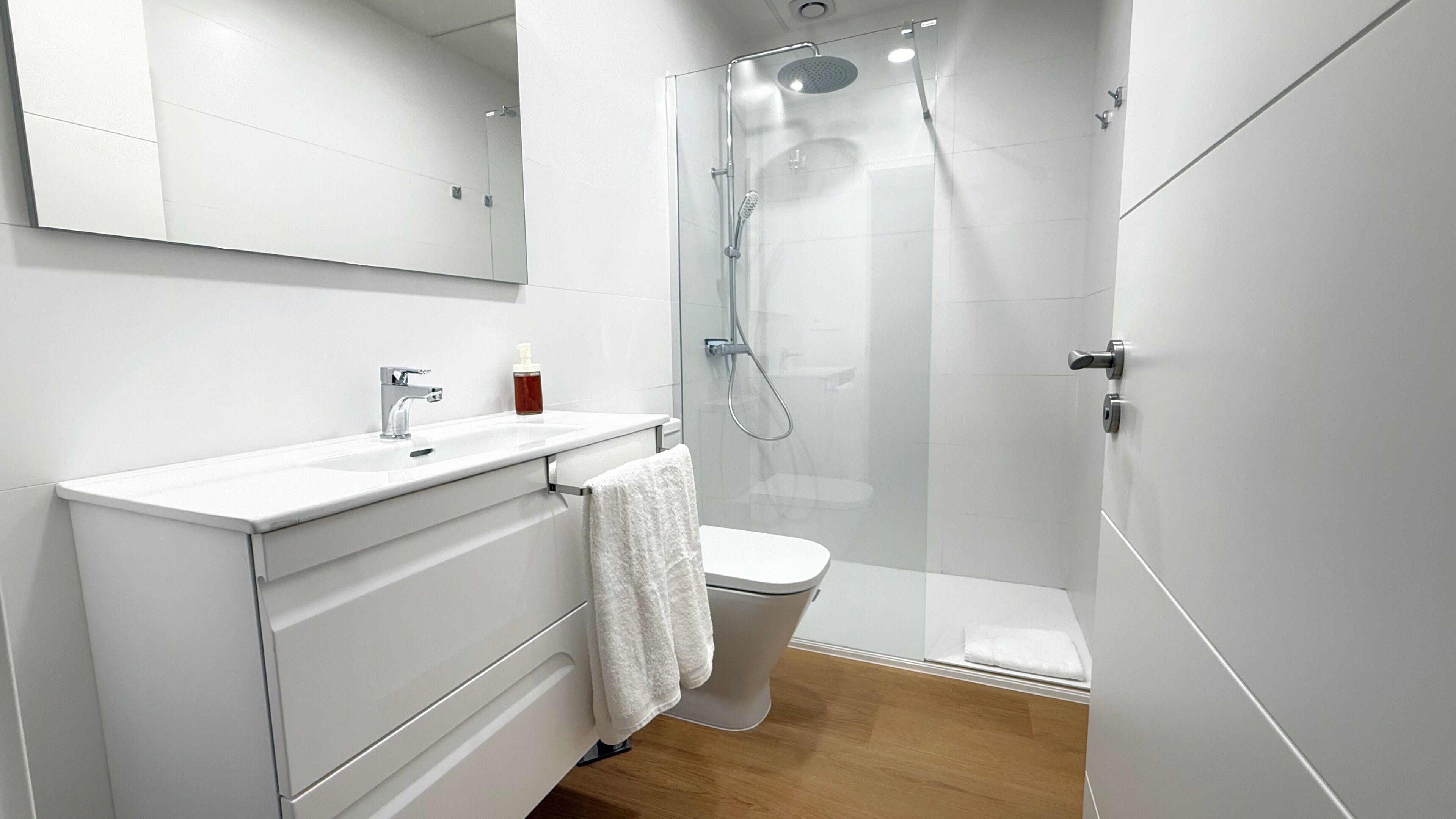 Ducha, secador de pelo, toallas, jabón