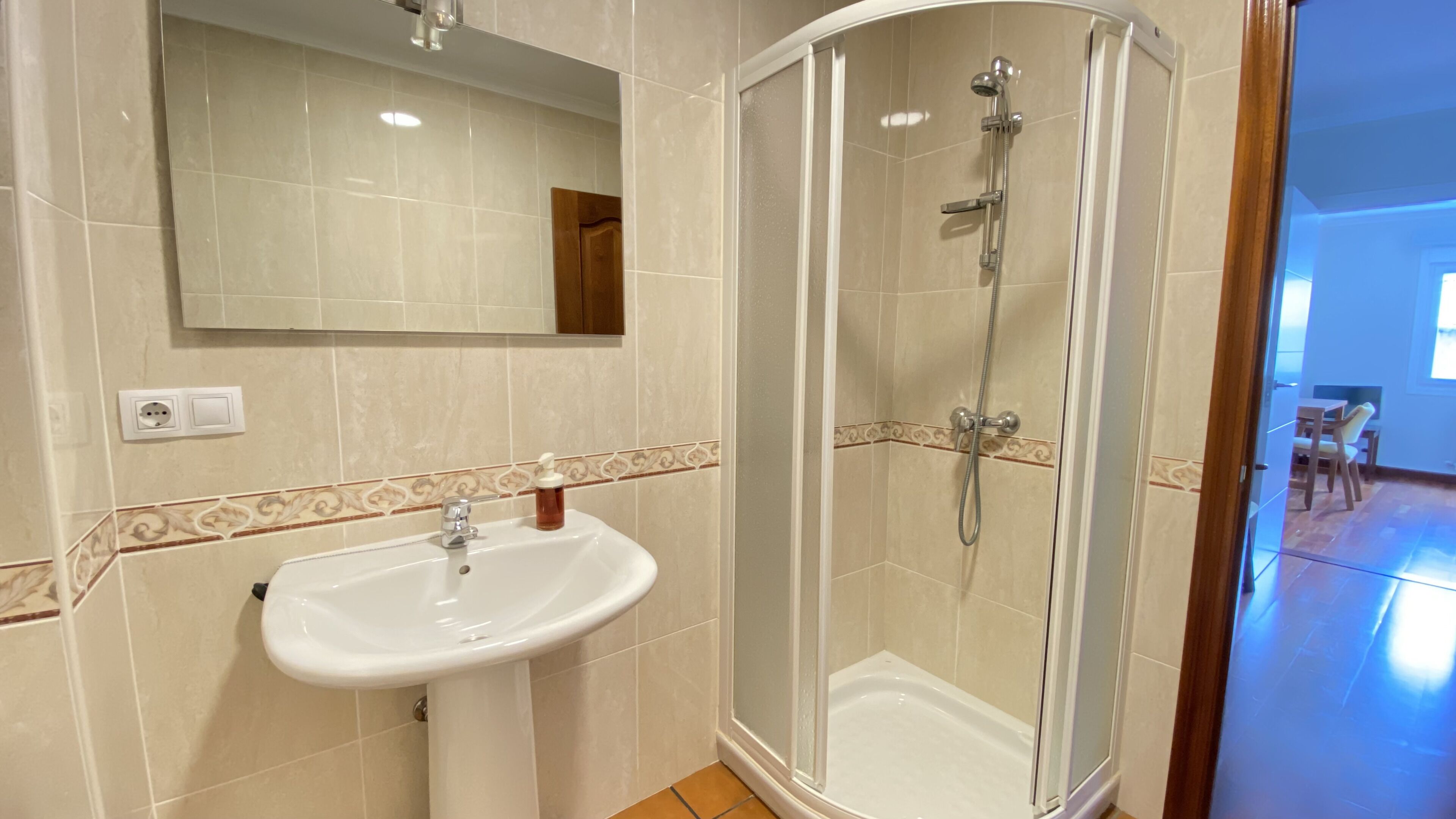 Une salle de bain avec un lavabo blanc, un miroir et une douche à parois de verre.