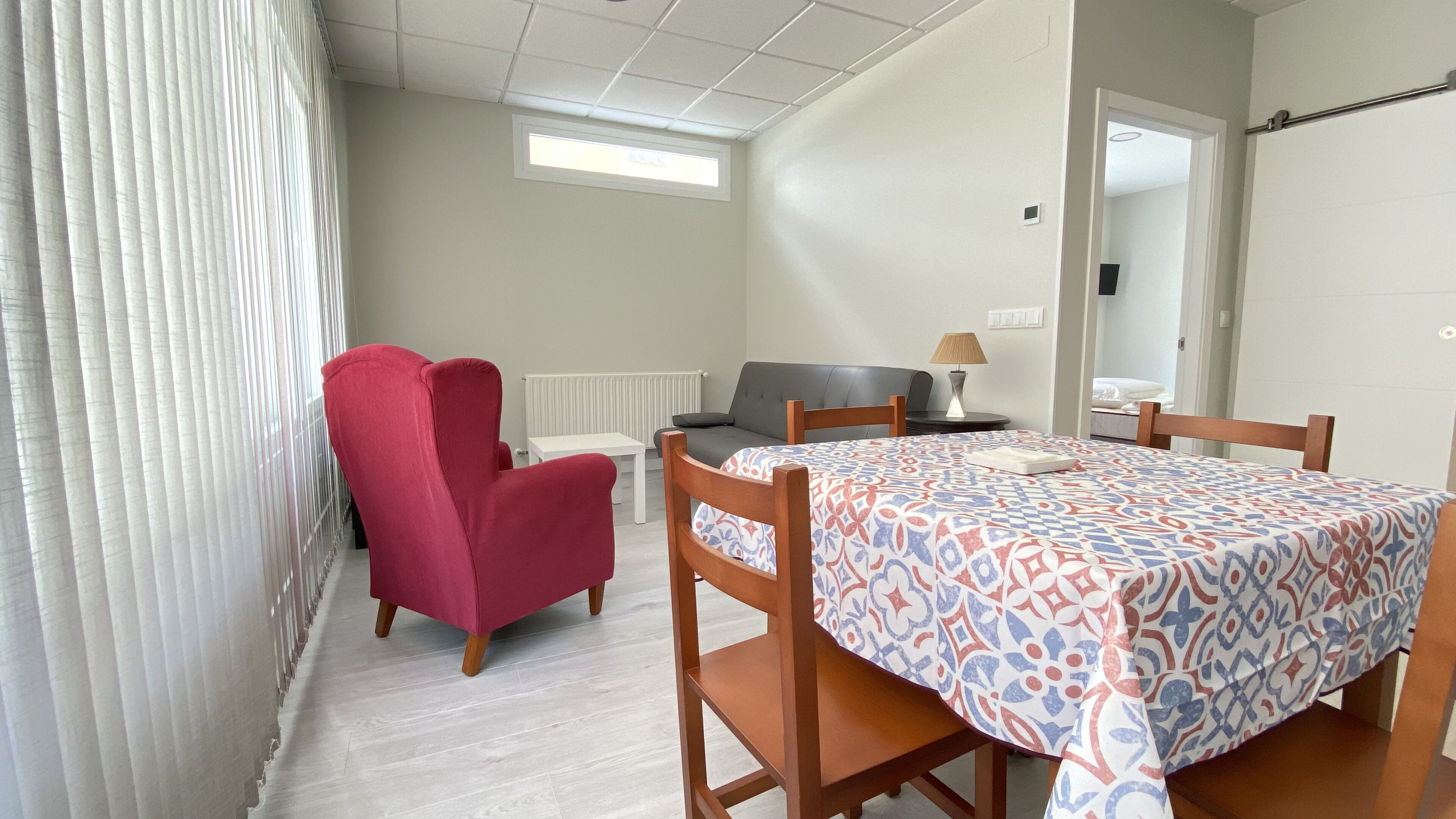 Una habitación con una mesa de comedor de madera, dos sillas rojas, un sofá gris y una lámpara.