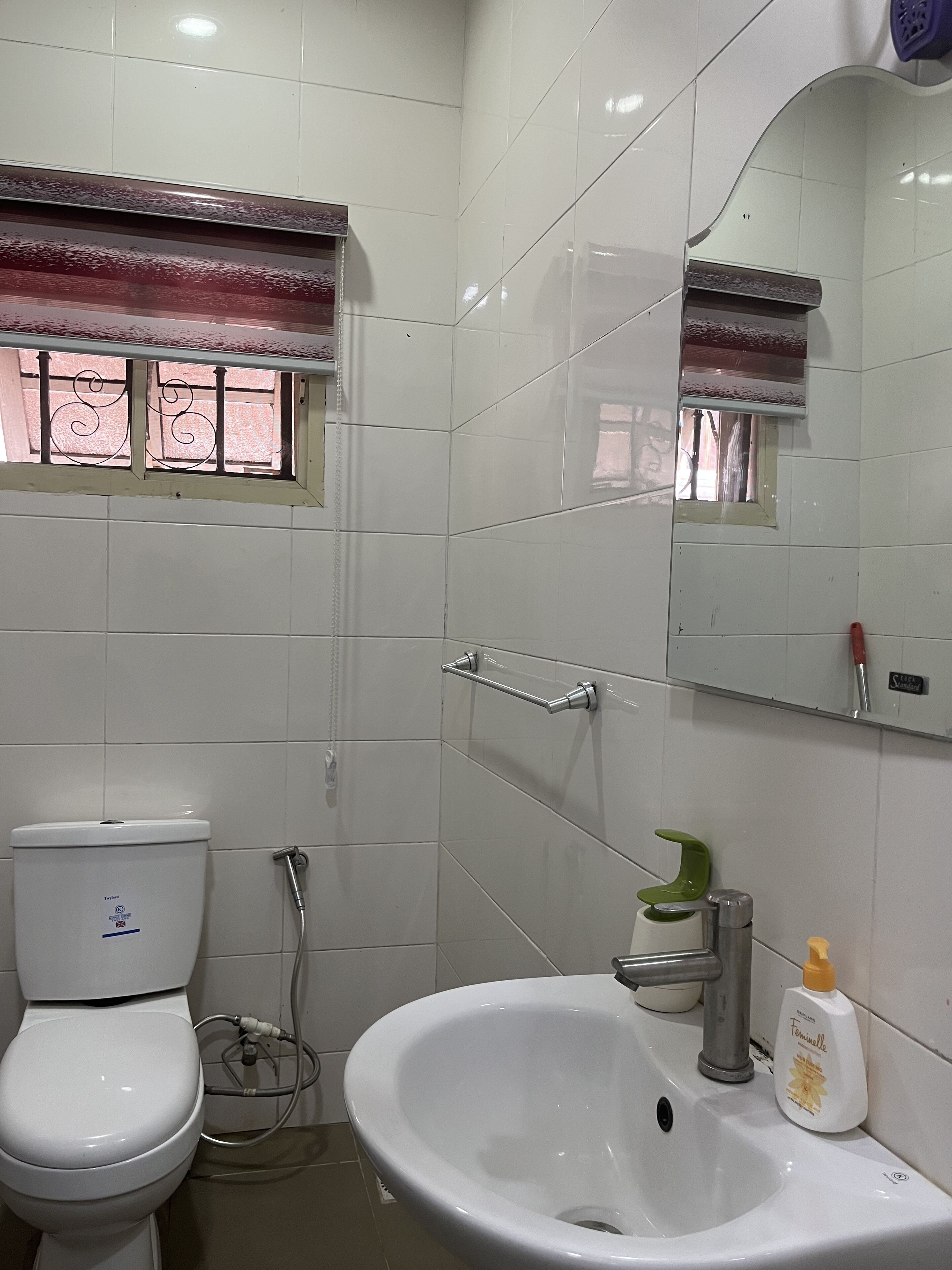 A bathroom with a toilet, sink, and a window with decorative bars.