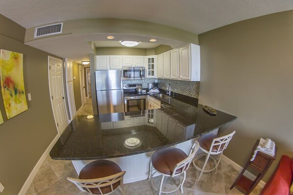 Fridge, microwave, oven, dishwasher