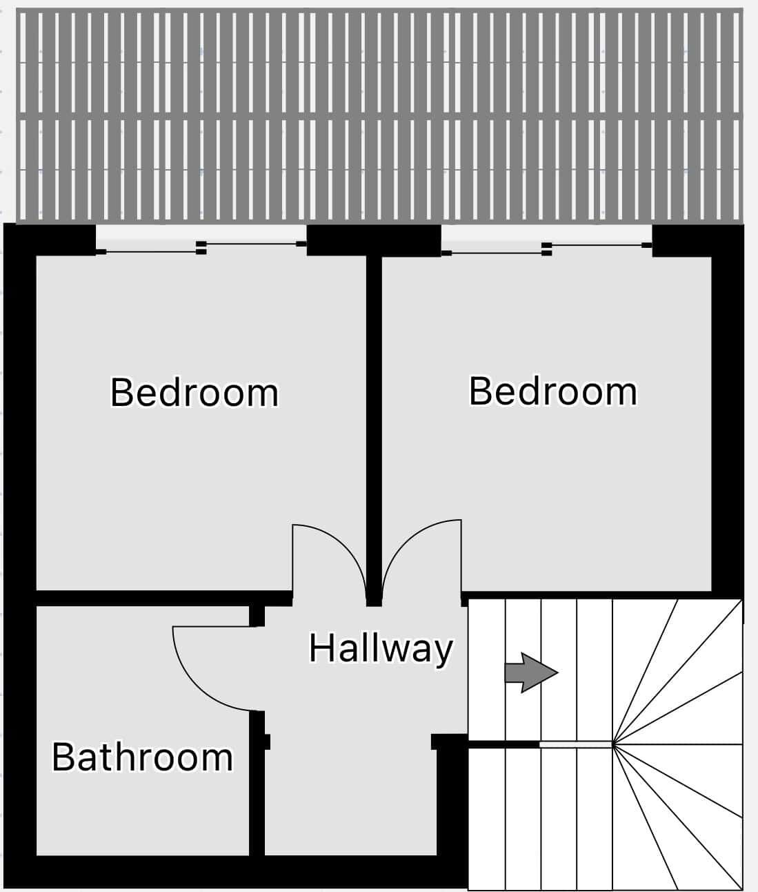 A floor plan with two bedrooms, a bathroom, and a hallway.