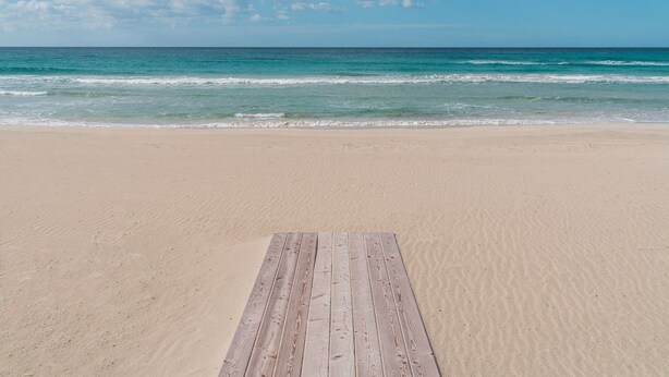 Une plage avec une jetée en bois qui mène à l’eau.