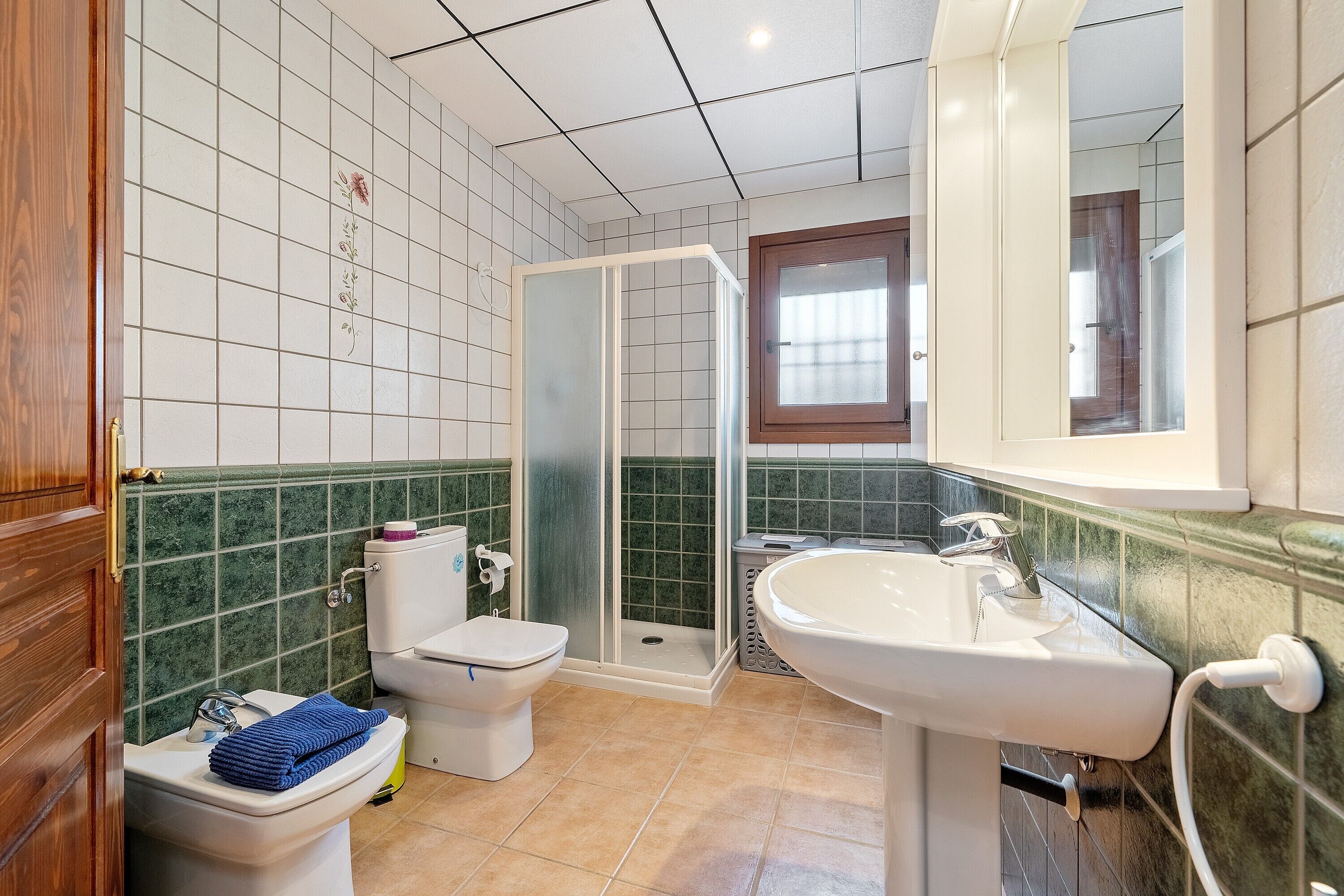 Een badkamer met toilet, douche, wastafel en een raam.