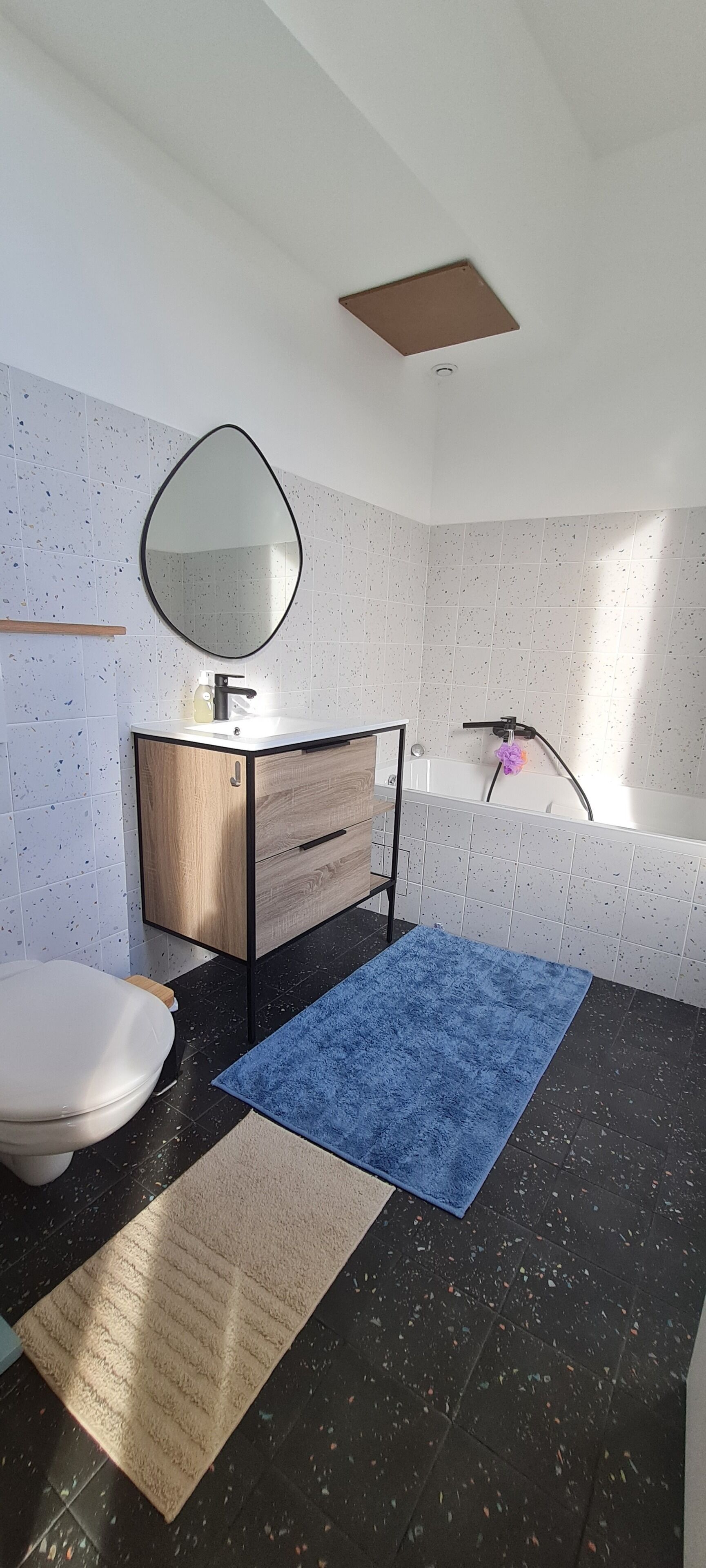 Ein Badezimmer mit Toilette, Waschbecken mit Spiegel, Badewanne und einem blauen Teppichboden.