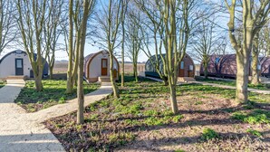 Filas de cabañas con forma de cúpula, con un camino de grava que lleva a la entrada, rodeadas de árboles sin hojas.