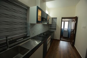 Kühlschrank, Mikrowelle, Herdplatte, Wasserkocher