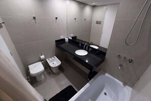 Hair dryer, bidet, towels, soap