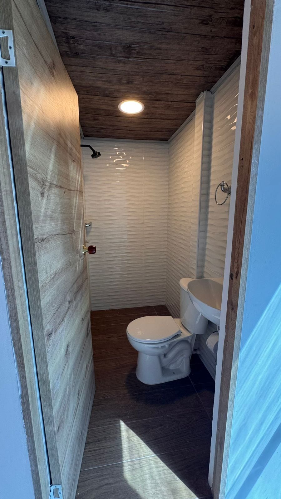 A compact bathroom with a wooden door, a white toilet, and a shower area.