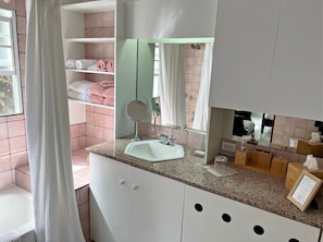Hair dryer, towels, soap, shampoo