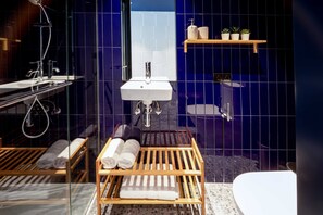 Shower, rainfall showerhead, hair dryer, soap