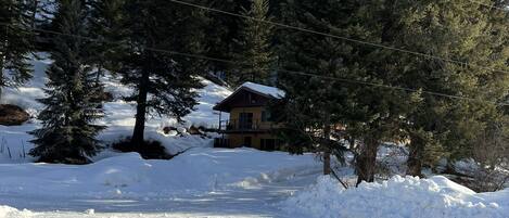 Una casa rodeada de árboles cubiertos de nieve y un cielo despejado.