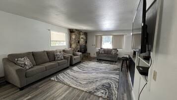 Un salon avec un canapé gris, un tapis à motifs, un mur d’accent en pierre et un téléviseur à écran plat fixé au mur.