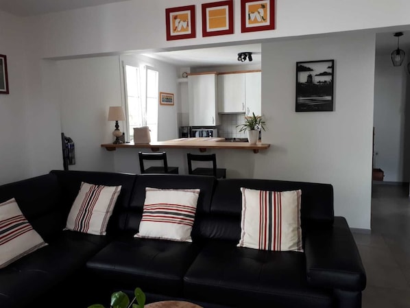 A living room with a black sofa, striped pillows, and a coffee table. There is a kitchen area with a microwave, a sink, and a potted plant.