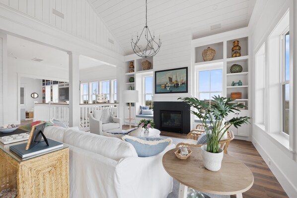 Smart TV, fireplace, books