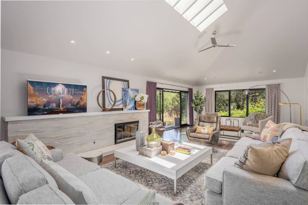 Télévision, cheminée, lecteur de DVD, chaîne hi-fi