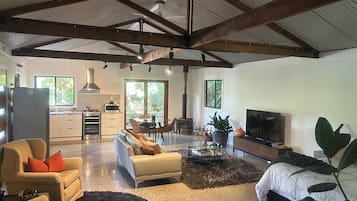 Smart TV, chimenea, libros y estéreo