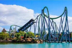 Experience the thrill of our roller coaster with a steep drop and multiple loops, set against a serene lake and lush surroundings.
