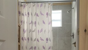 A bathroom with a shower, toilet, and a curtain with bird patterns. - New York Vermont Border Cottage Getaway (Granville)
