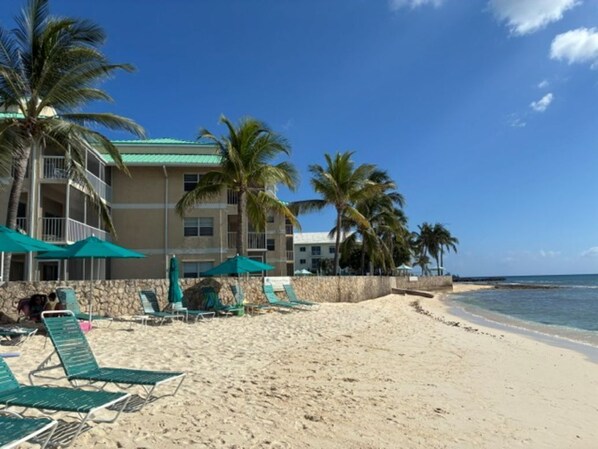 A beach with lounge chairs and umbrellas, a building with balconies, and palm trees. -
Great Value!! Oceanfront 3 bedroom condo on 7-mile beach. (George Town)