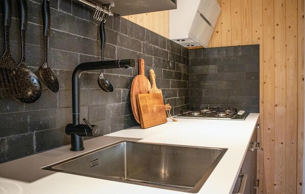 Fridge, stovetop, dishwasher, coffee/tea maker