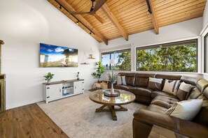 Een smart-tv, boeken en een stereo