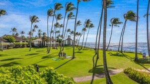 A golf course with palm trees and a view of the ocean. - NEW! Top Floor Views with A/C in Poipu Beach, Resort Amenities (Koloa)