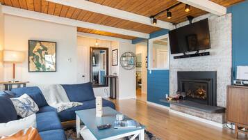 TV connectée, cheminée, médiathÚque, écrans d'ordinateur