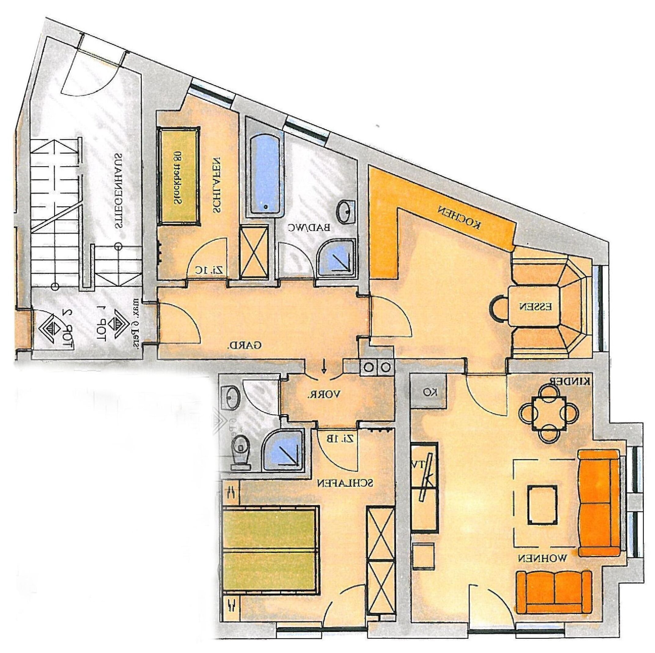 Plano de planta de un hotel que incluye cocina, comedor, sala de estar y varias habitaciones.